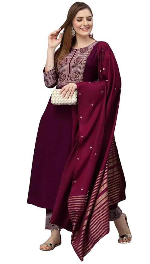 Women Viscose Embroidered Kurti Pant and Dupatta Set