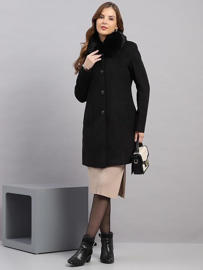 Monte Carlo Womens Regular Fit Solid Button Full Sleeve Winter Coat | Warm Woolen Overcoat for Ladies | Stylish Long Sleeve Buttoned Jacket (Pack Of 1) - Image 2