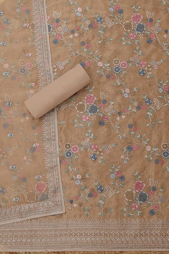 Soch Womens Glass Tissue Floral Print Unstitched Dress Material With Thread Work - Image 5