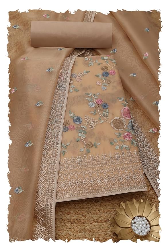 Soch Womens Glass Tissue Floral Print Unstitched Dress Material With Thread Work