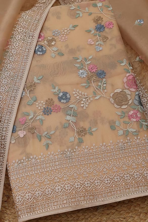 Soch Womens Glass Tissue Floral Print Unstitched Dress Material With Thread Work - Image 4